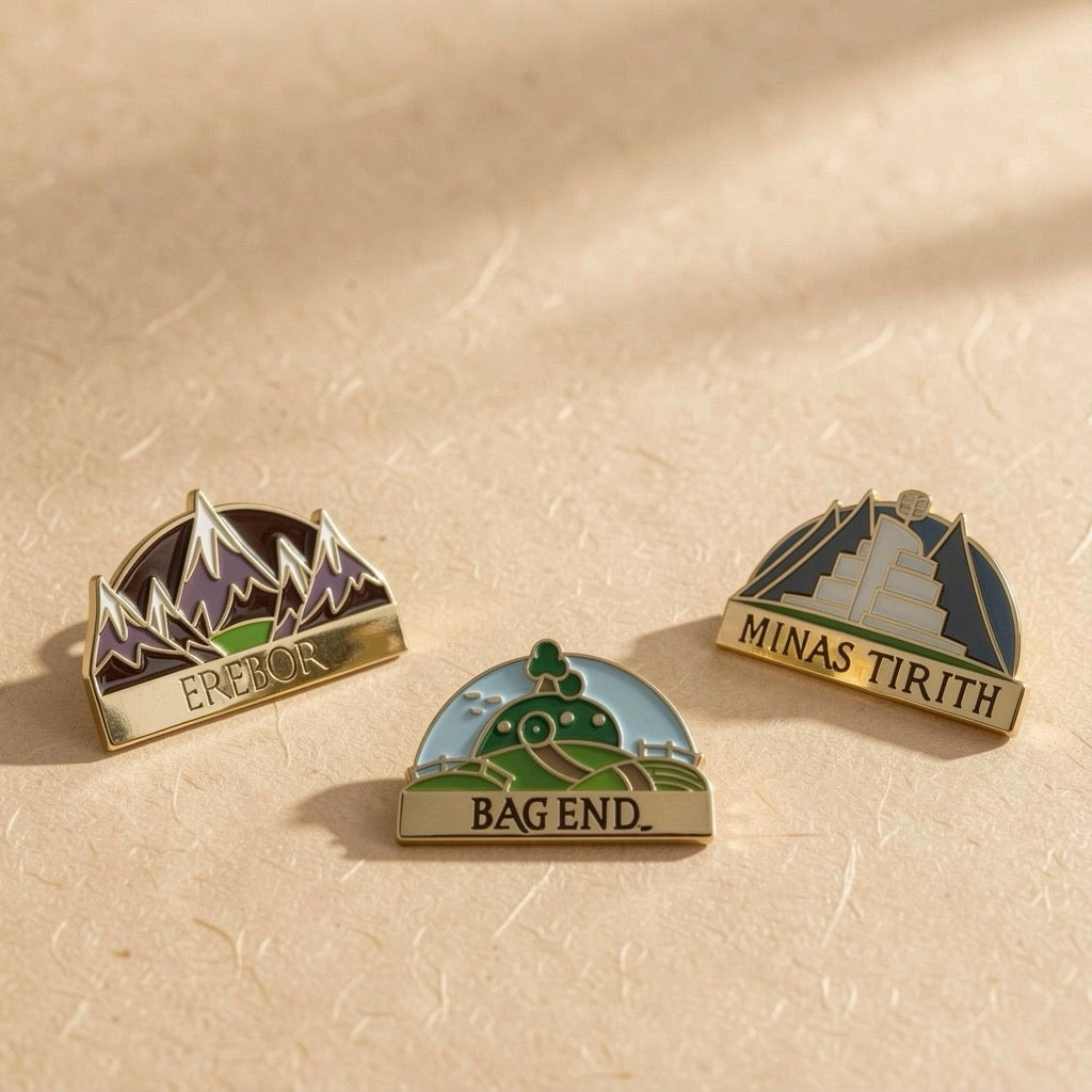 Lord of the Rings Middle-earth places enamel pin shown on its backing card