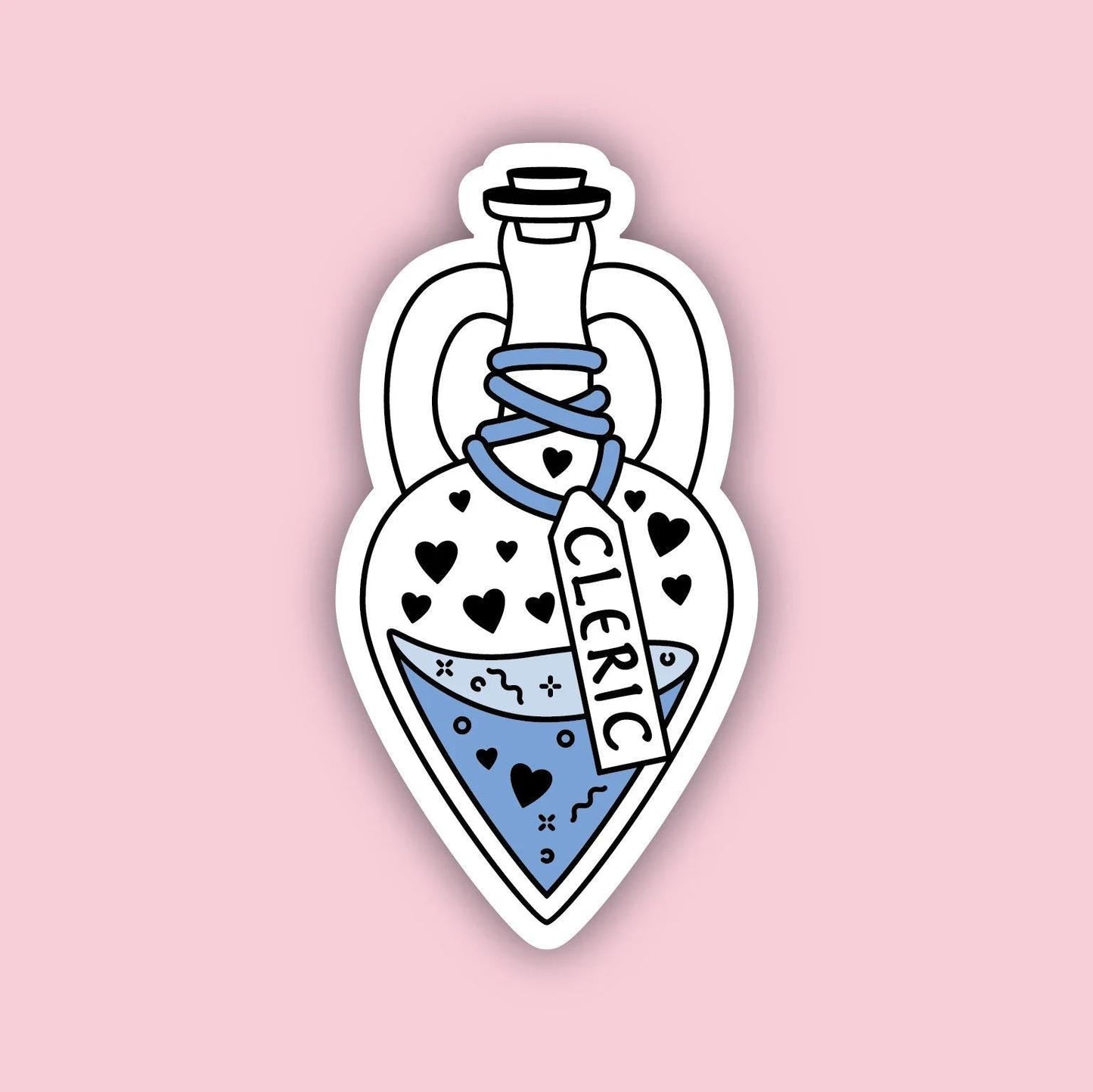Cleric Vessel sticker (Blue) — heart-shaped potion bottle with hearts pattern and blue fluid, D&D Cleric class sticker