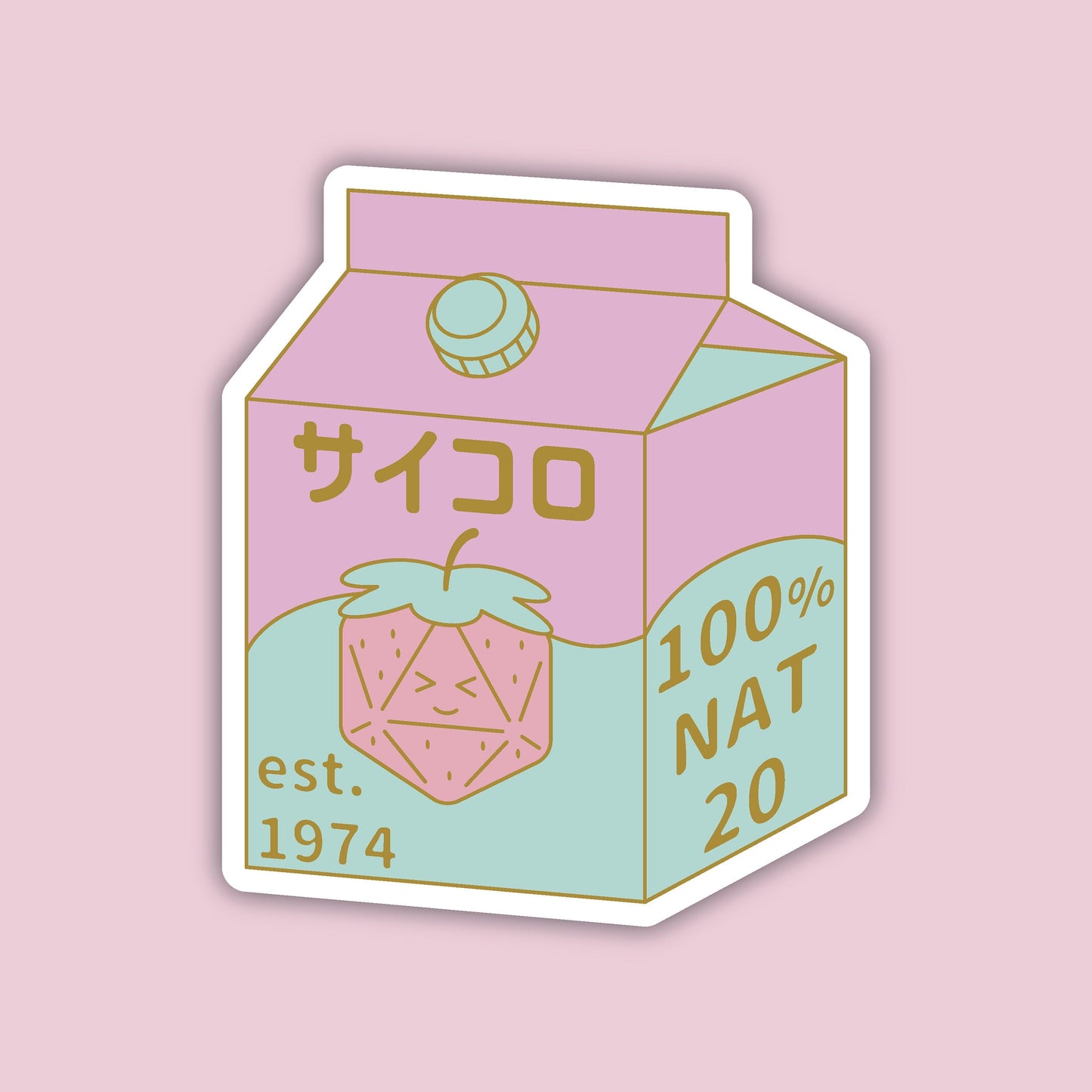Dice Box sticker — pink and mint Japanese-style milk carton labeled サイコロ (saikoro / dice) and 100% NAT 20, with a kawaii strawberry-d20 character on the front, D&D sticker