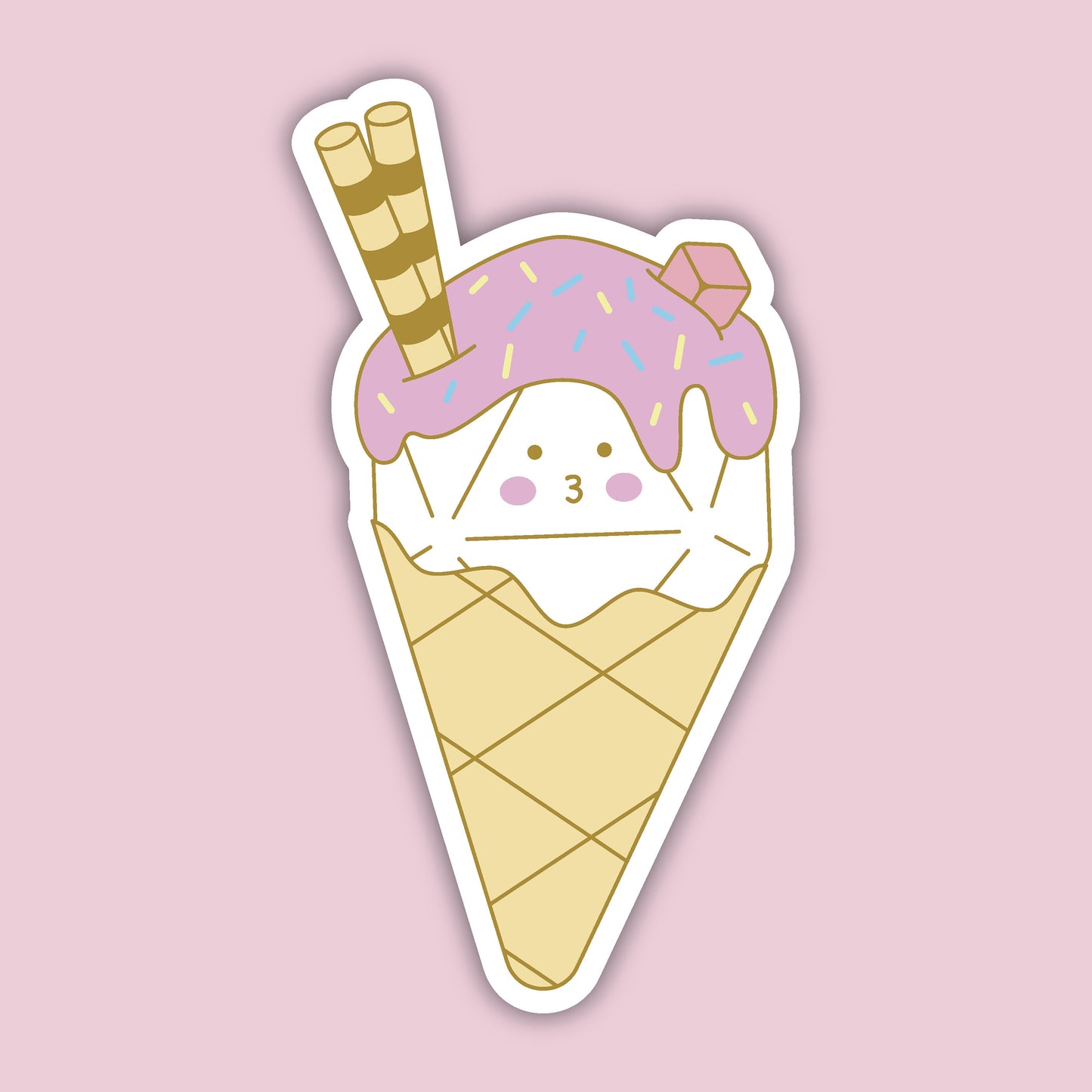 Dice Cream sticker — kawaii d20 served as a scoop of ice cream in a waffle cone with pink sprinkles and wafer sticks, D&D dice sticker