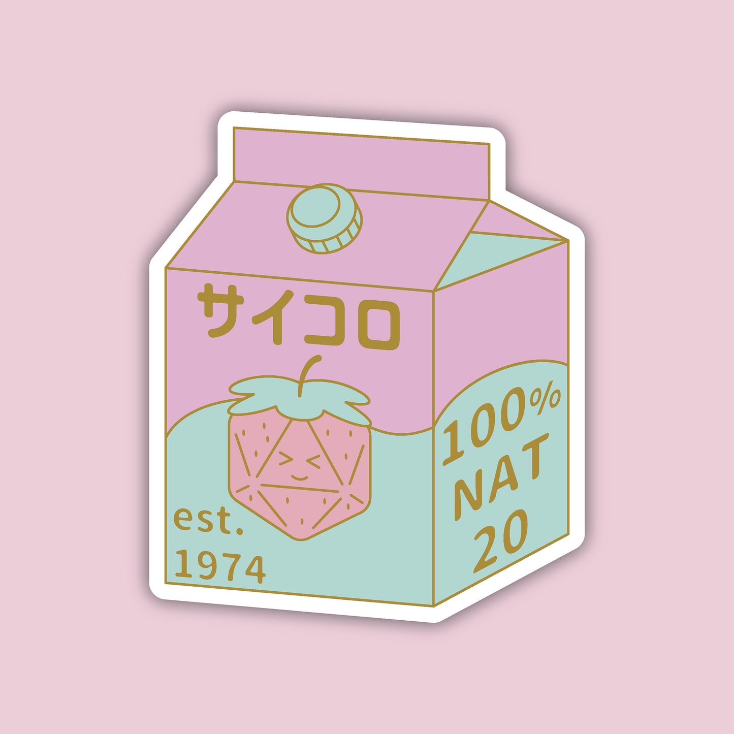 Dice Box sticker — pink and mint Japanese-style milk carton labeled サイコロ (saikoro / dice) and 100% NAT 20, with a kawaii strawberry-d20 character on the front, D&D sticker