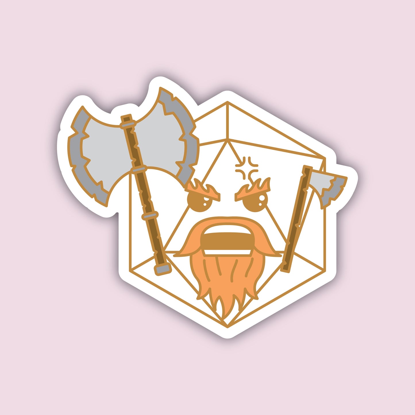 Barbarian Dice sticker — angry dwarf with red beard wielding a battleaxe inside a d20 outline, D&D class sticker