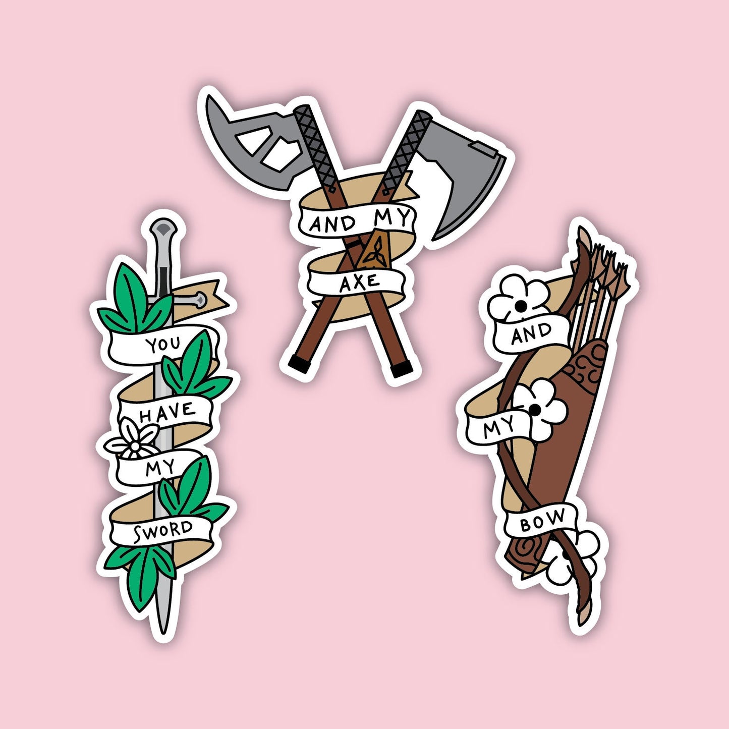3 Hunters sticker pack — three LOTR stickers (You Have My Sword, And My Axe, And My Bow) on a soft pink background