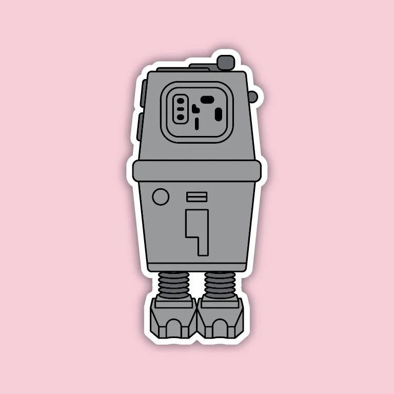 Gonk Droid vinyl sticker, grey GNK power droid with two stubby legs, pink background