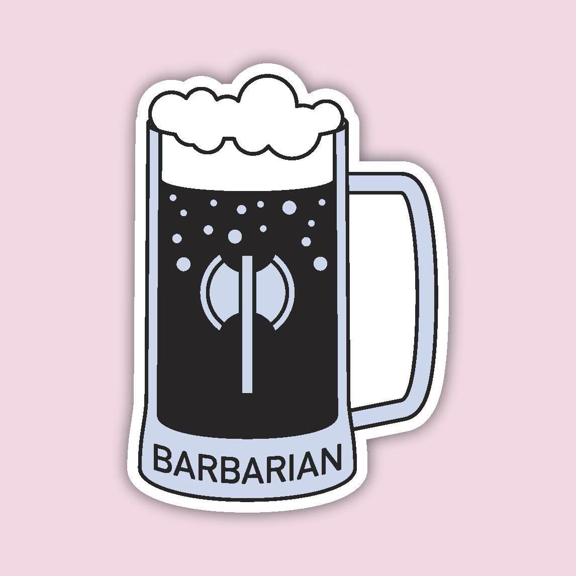 Barbarian Vessel sticker — black beer mug with white foam and a battleaxe silhouette in the center, D&D Barbarian class sticker