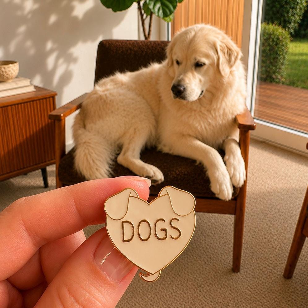 White DOGS heart enamel pin held beside a golden retriever, dog lover gift by The Grumpy Unicorn