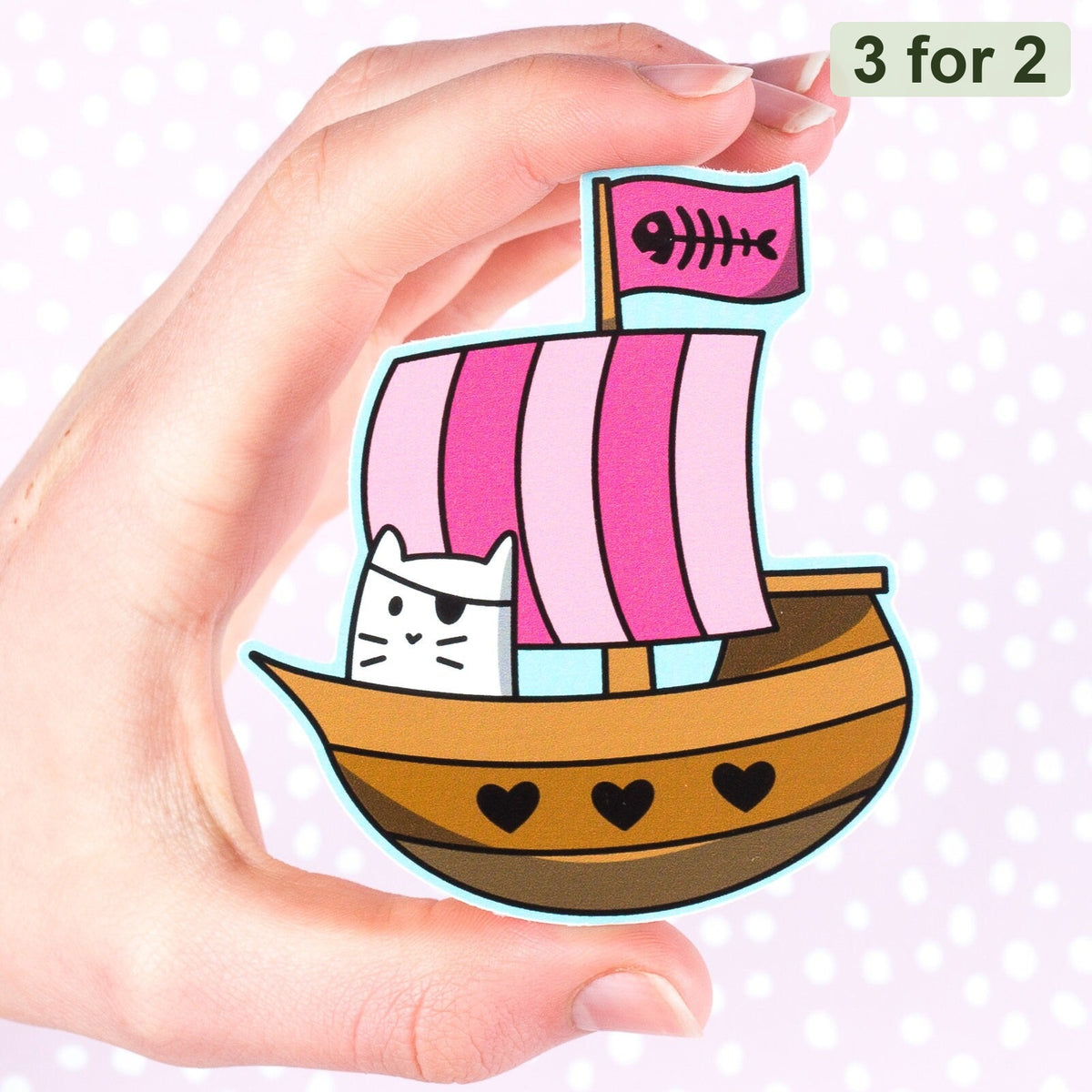Pirate Frank Sticker, Frank the cat sailing a pink-sailed ship, cat sticker