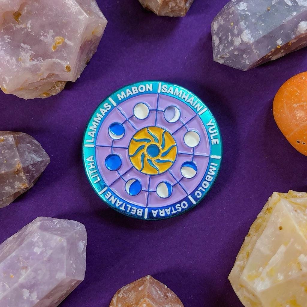 Rainbow Wheel of the Year, witchy enamel pin
