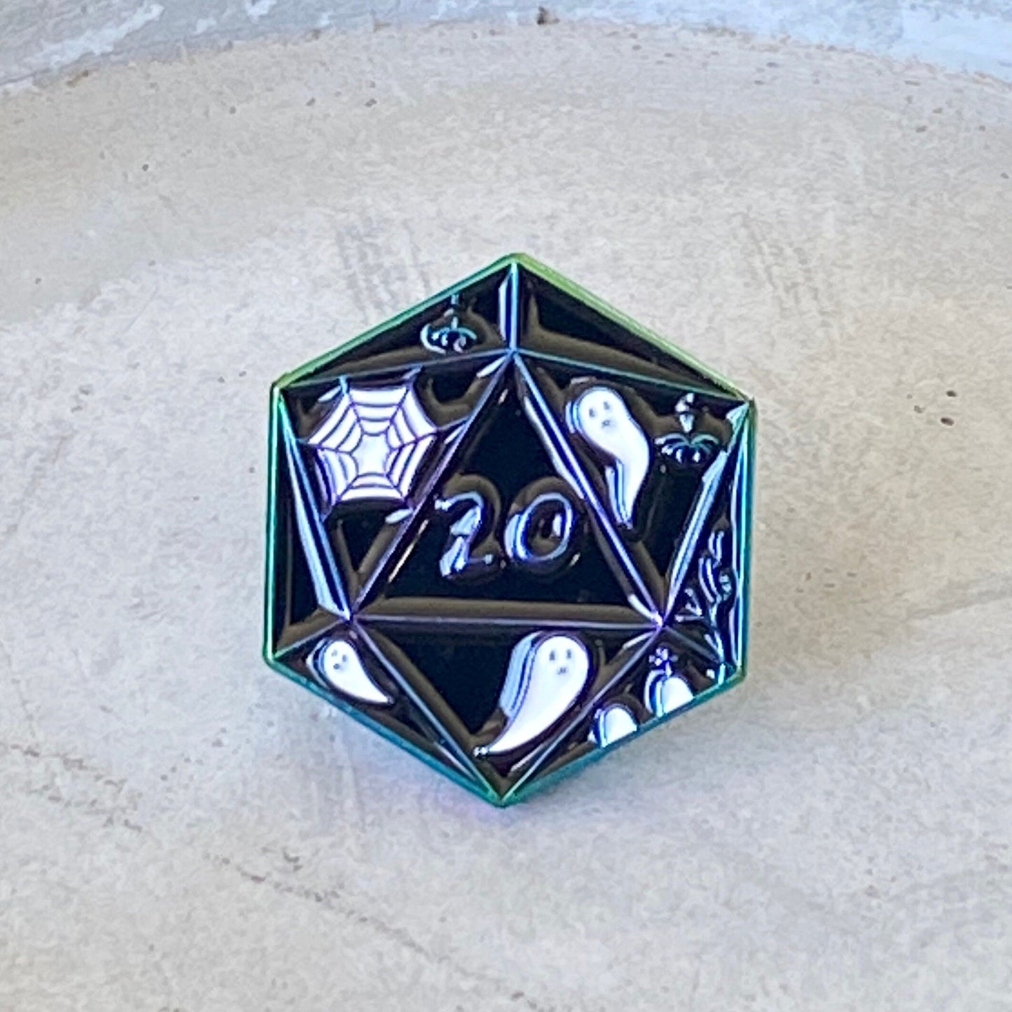 SPOOKY Rainbow D20, D&D enamel pin