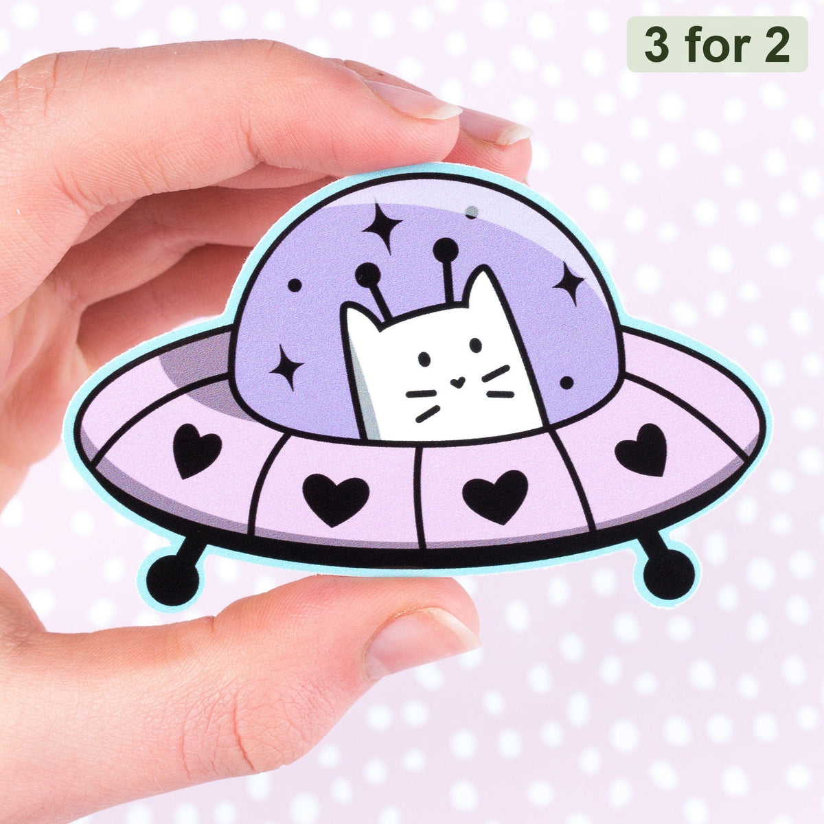 UFO Sticker, Frank the cat in a lilac flying saucer, cat sticker