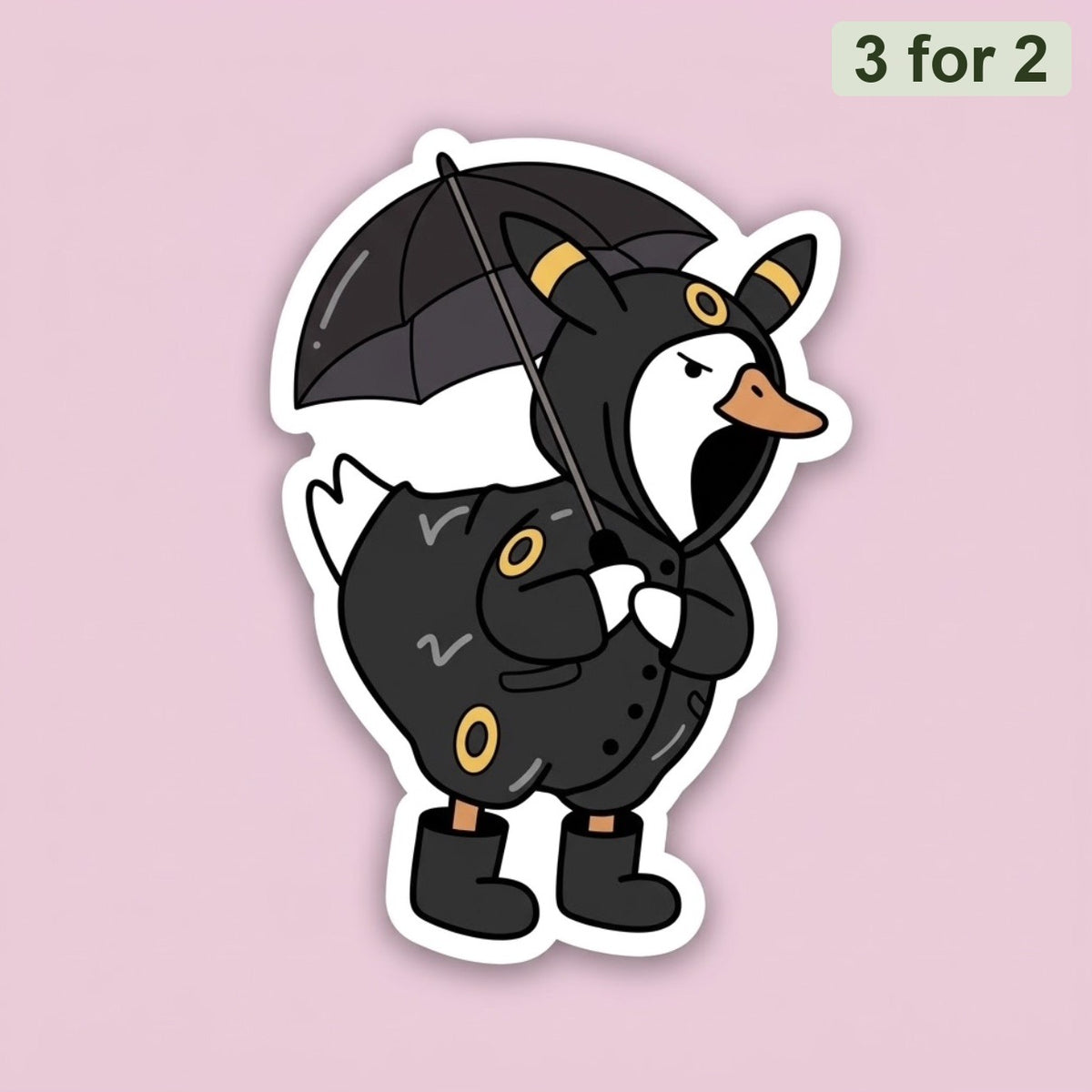 Umbreon Goose Sticker, clear sticker of a grumpy white goose in a black Umbreon raincoat holding an umbrella