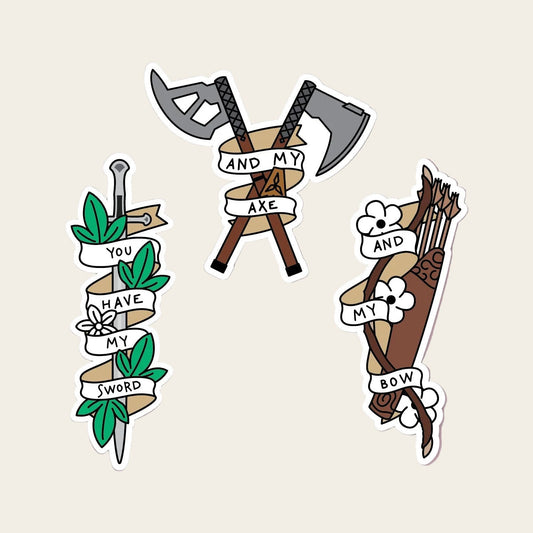 3 Hunters sticker pack — three LOTR stickers (You Have My Sword, And My Axe, And My Bow) on a soft pink background