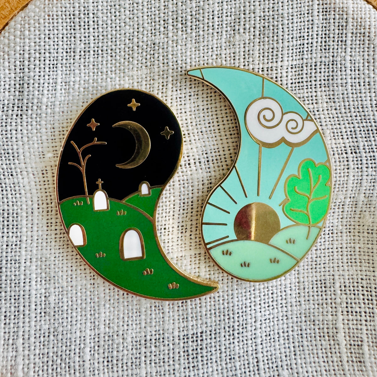 Life & Death Yin Yang Set, the two halves apart on an embroidery hoop