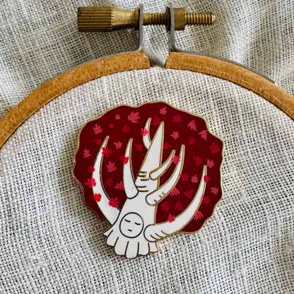Weirwood Needle Minder on an embroidery hoop, red leaves and white trunk, gold finish