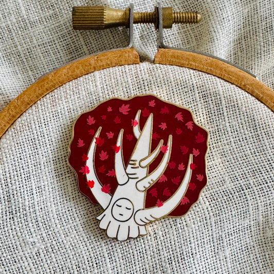 Weirwood Needle Minder on an embroidery hoop, red leaves and white trunk, gold finish