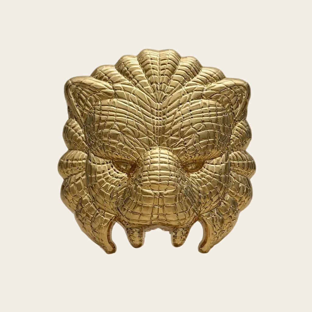 Lion Mask enamel pin — gold 3D lion face, 32mm