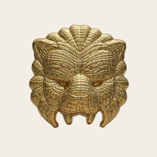 Lion Mask enamel pin — gold 3D lion face, 32mm