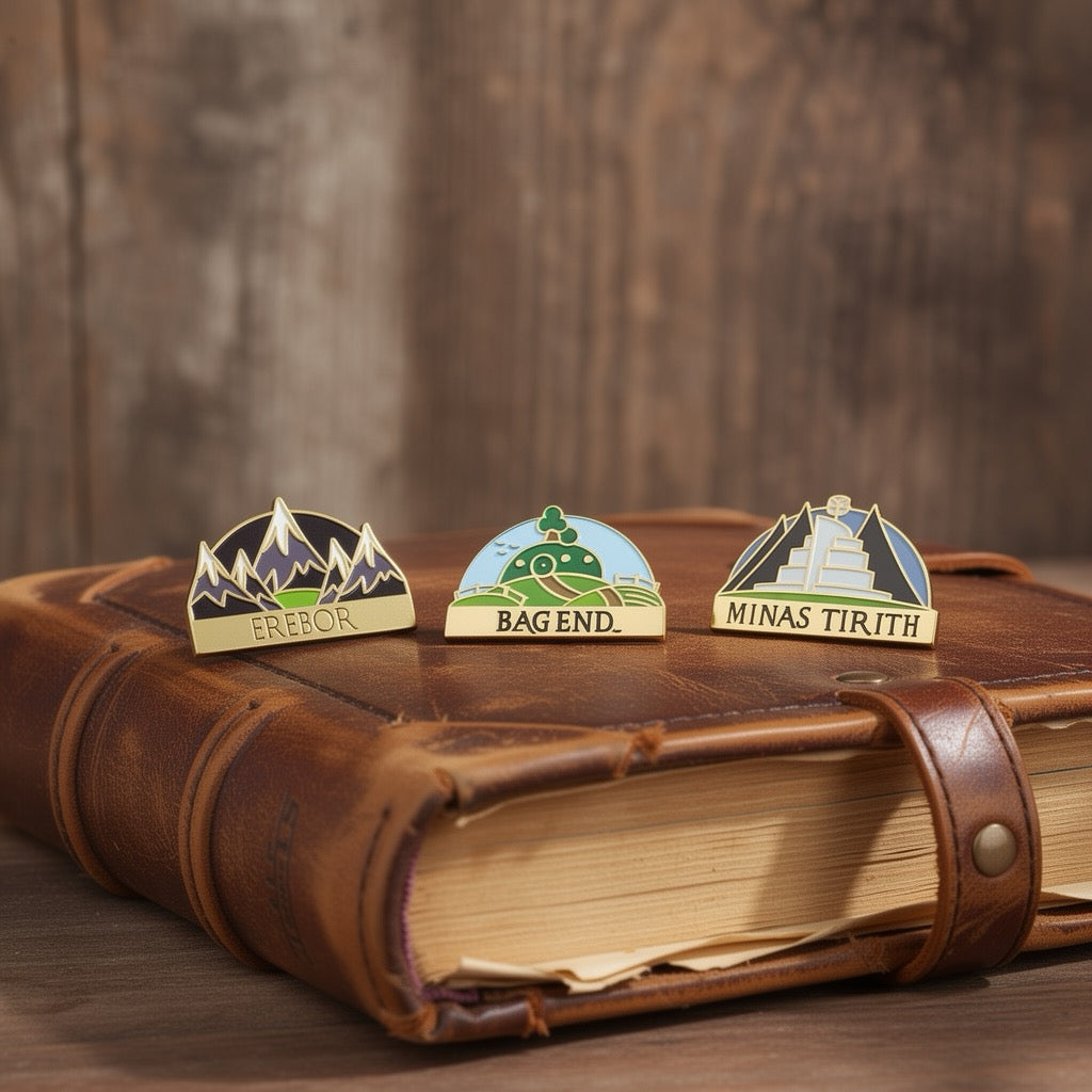 Lord of the Rings map enamel pin showing places of Middle-earth, on a cream background