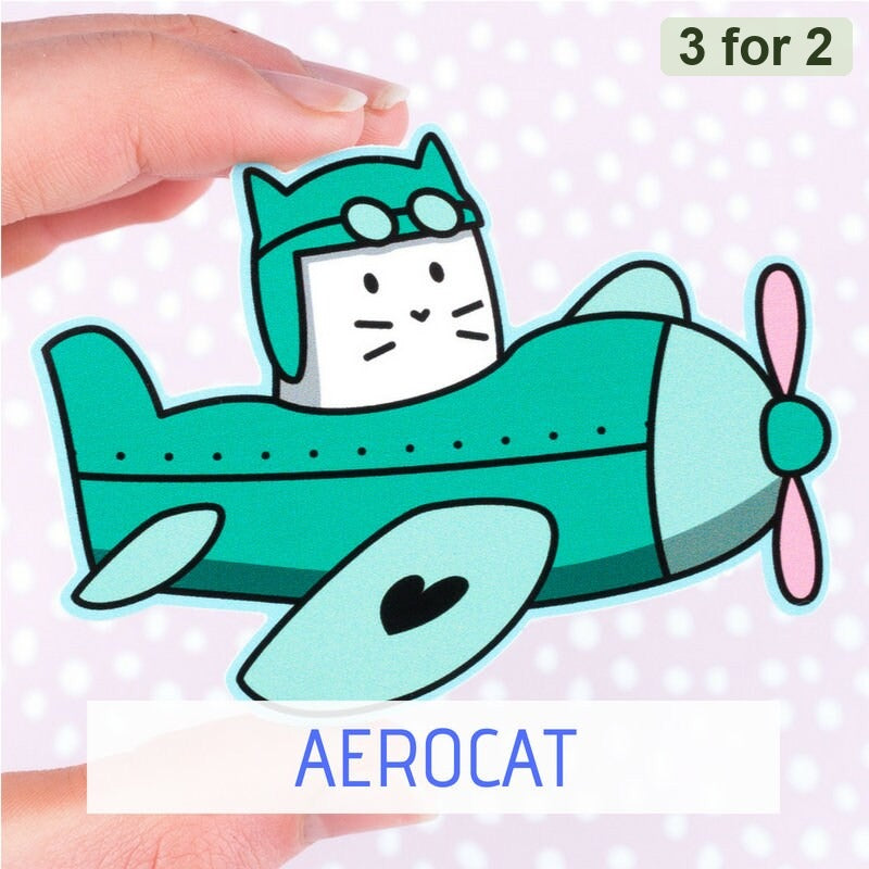 Aerocat Sticker, Frank the cat in a pilot cap flying a teal plane, cat sticker