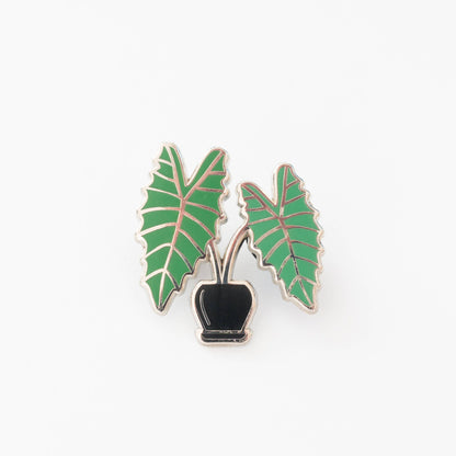 Alocasia leaf enamel pin, silver plated, green leaves in a black pot
