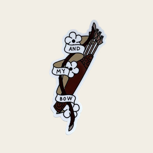 And My Bow sticker on green - bow and quiver of arrows with 'And My Bow' banner