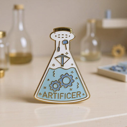 Artificer Vessel pin — flask filled with gears, on a wooden surface with potion bottles in soft focus behind