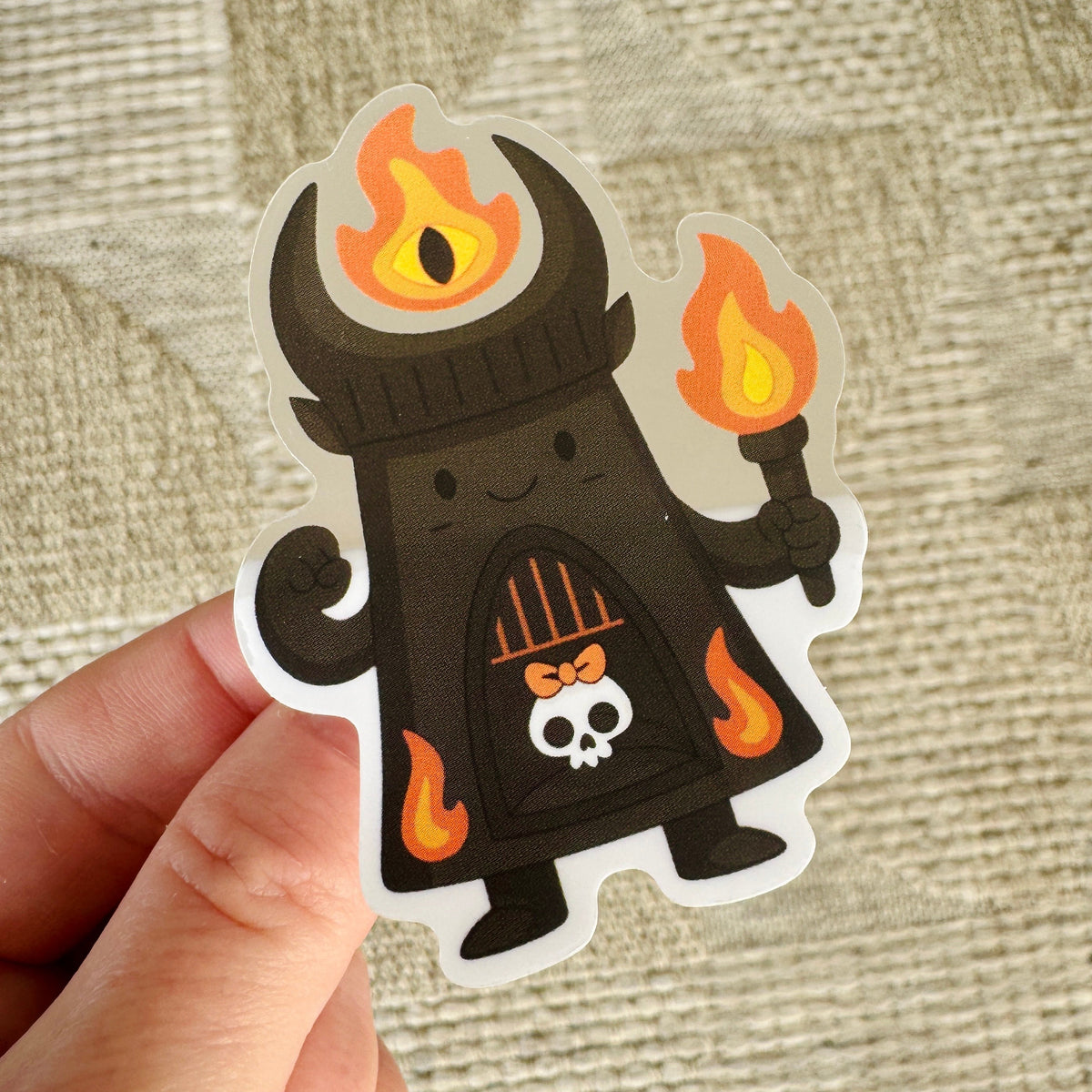 Barad-dûr Sticker, clear matte sticker of a smiling dark tower with the flaming Eye on top, holding a torch, LOTR sticker