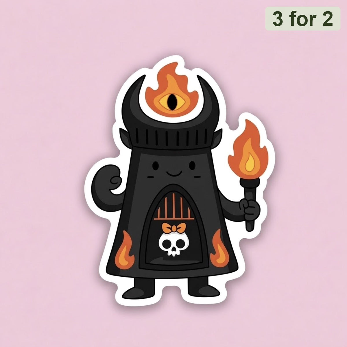 Barad-dûr Sticker, clear matte sticker of a smiling dark tower with the flaming Eye on top, holding a torch, LOTR sticker
