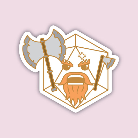 Barbarian Dice sticker — angry dwarf with red beard wielding a battleaxe inside a d20 outline, D&D class sticker