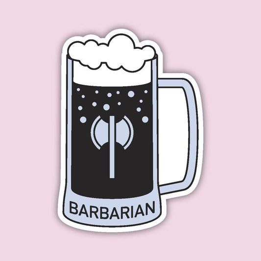 Barbarian Vessel sticker — black beer mug with white foam and a battleaxe silhouette in the center, D&D Barbarian class sticker