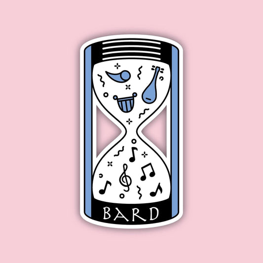 Bard Vessel sticker — blue and black hourglass with musical notes, lyre and lute, D&D Bard class sticker