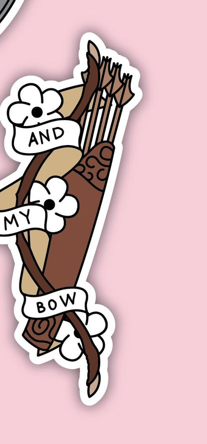 Bow and quiver of arrows with flowers and banner reading 'And My Bow' on pink background