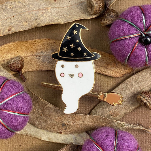 Broom Ghost, witchy enamel pin