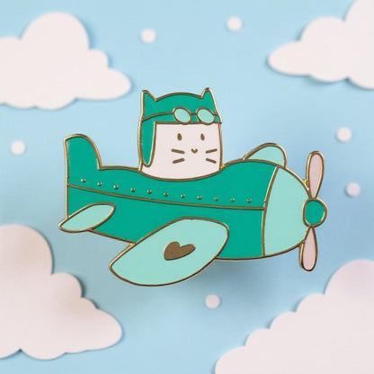 Cat plane, cat enamel pin
