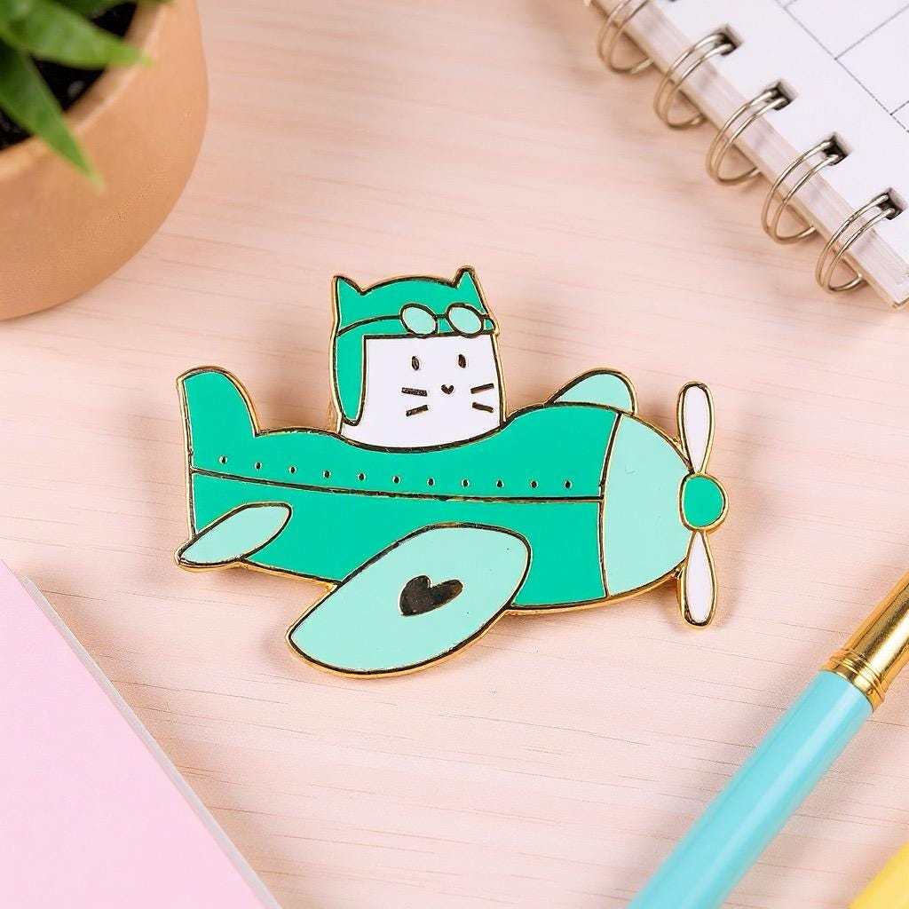 Cat plane, cat enamel pin