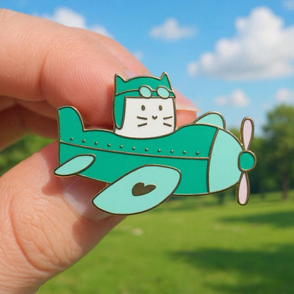 Cat plane, cat enamel pin