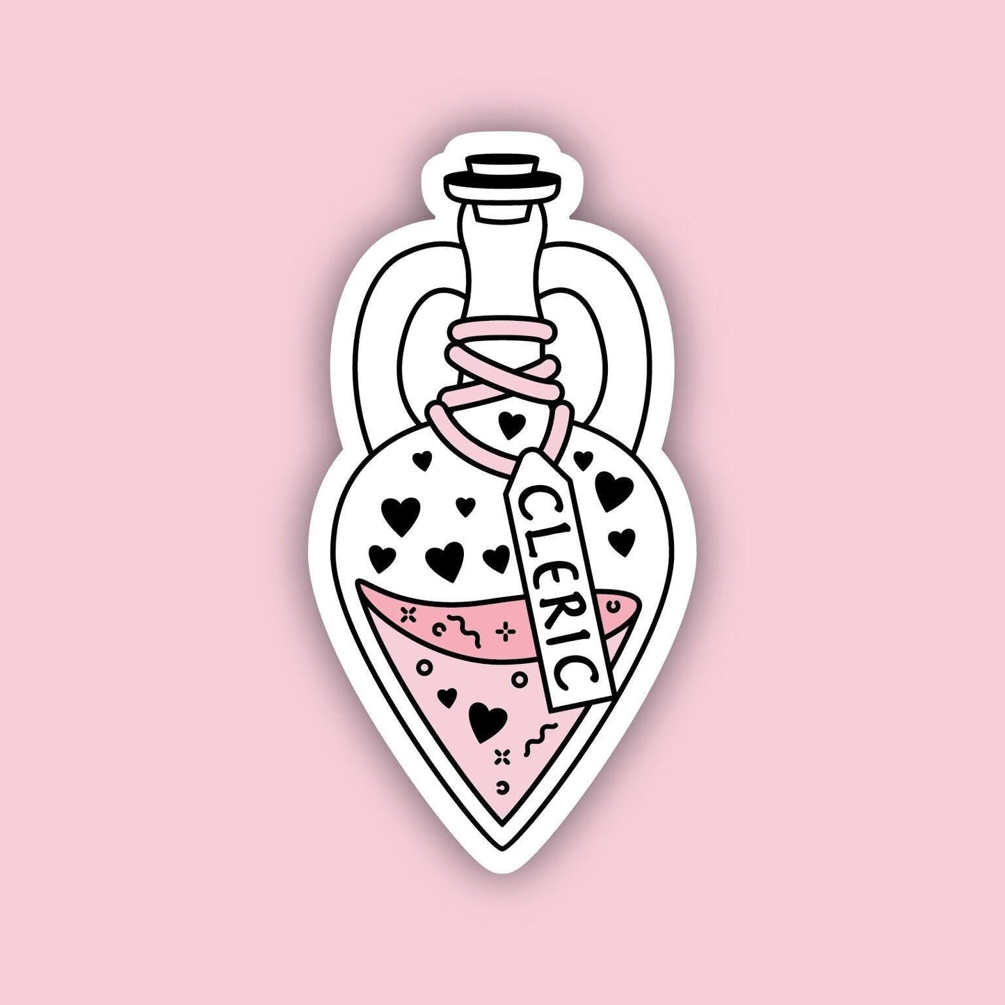 Cleric Vessel sticker (Pink) — heart-shaped potion bottle with hearts pattern and pink fluid, D&D Cleric class sticker