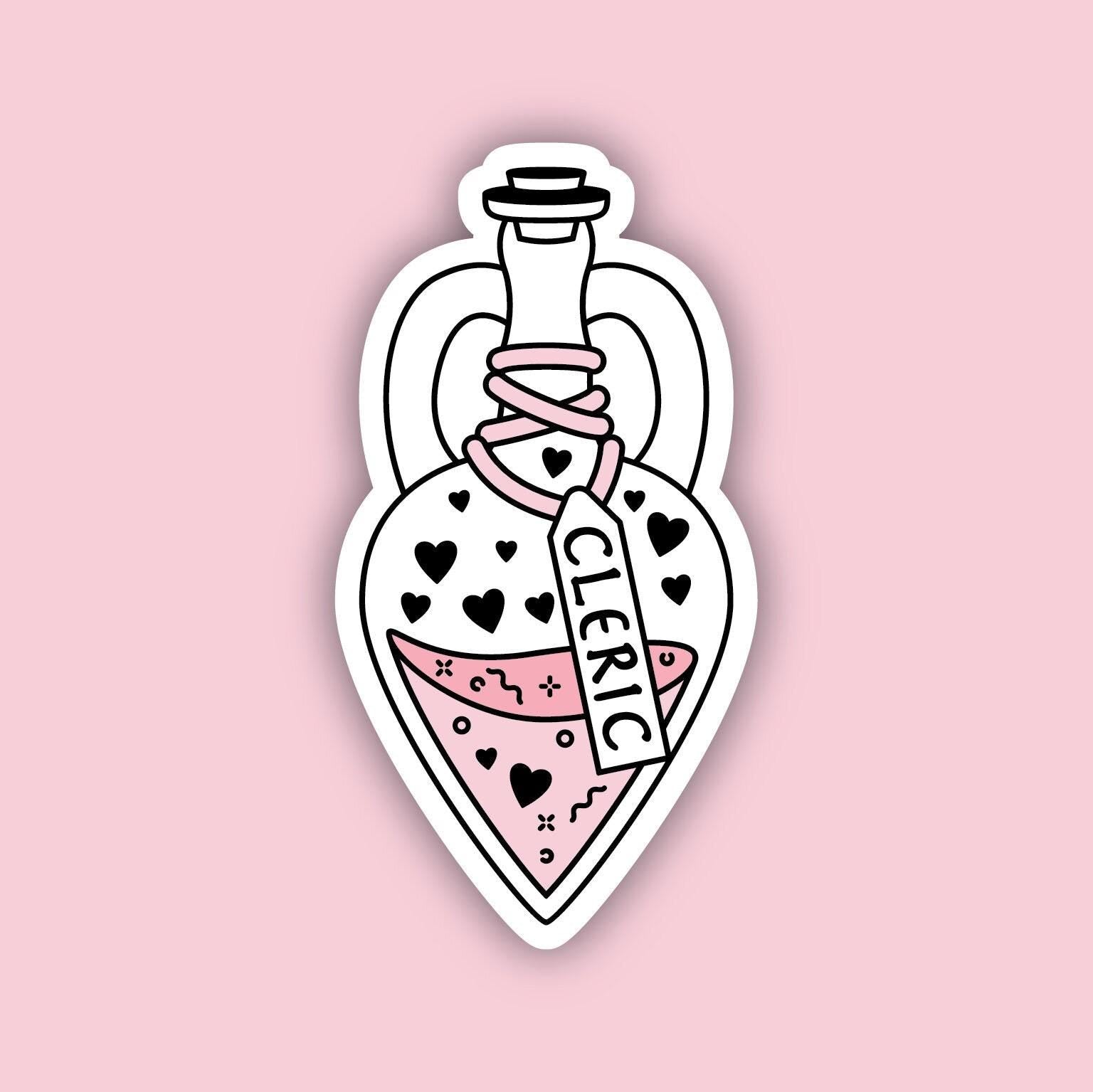 Cleric Vessel sticker (Pink) — heart-shaped potion bottle with hearts pattern and pink fluid, D&D Cleric class sticker