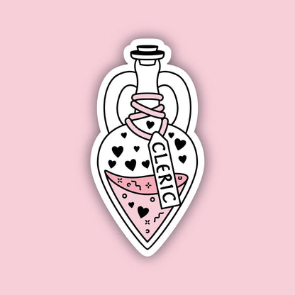 Cleric Vessel sticker (Pink) — heart-shaped potion bottle with hearts pattern and pink fluid, D&D Cleric class sticker