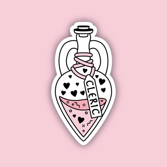 Cleric Vessel sticker (Pink) — heart-shaped potion bottle with hearts pattern and pink fluid, D&D Cleric class sticker