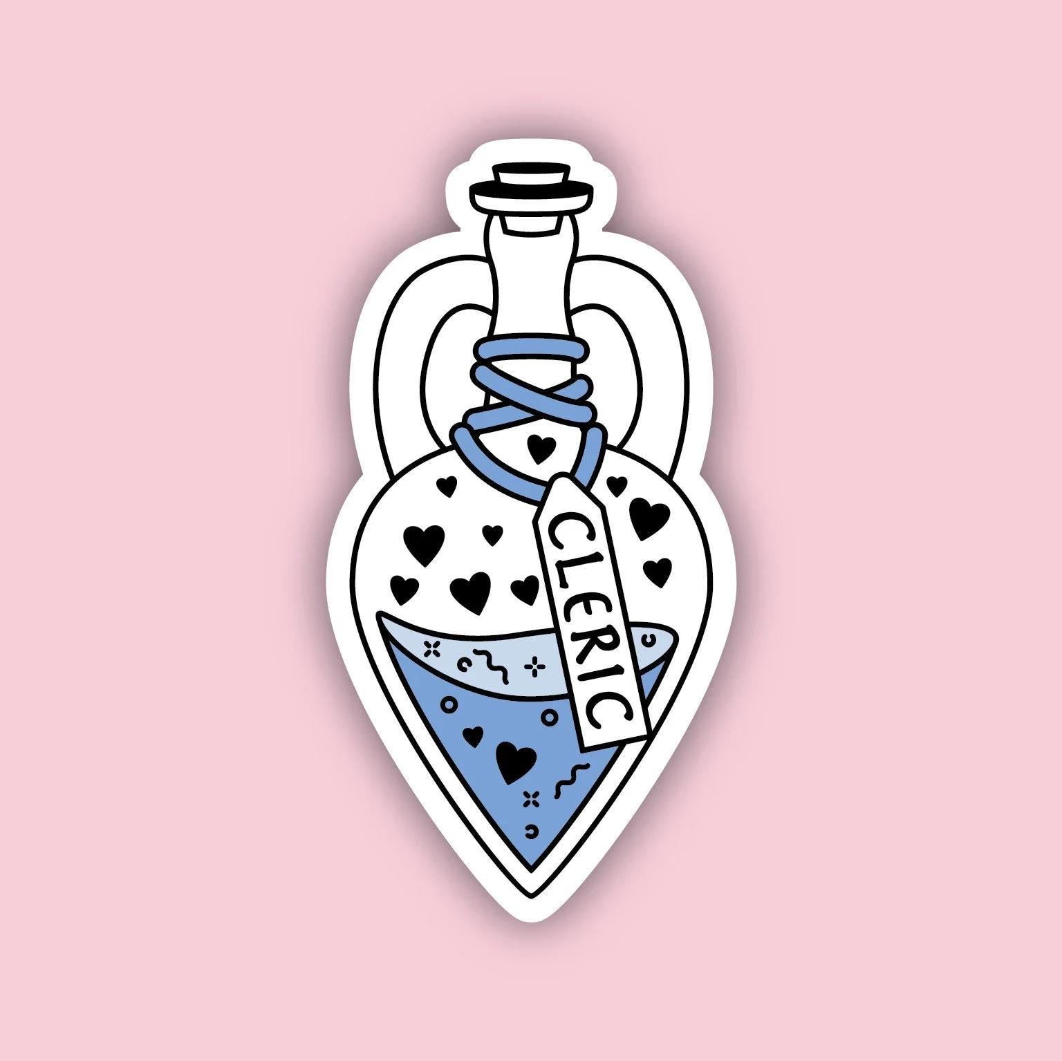 Cleric Vessel sticker (Blue) — heart-shaped potion bottle with hearts pattern and blue fluid, D&D Cleric class sticker