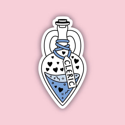 Cleric Vessel sticker (Blue) — heart-shaped potion bottle with hearts pattern and blue fluid, D&D Cleric class sticker