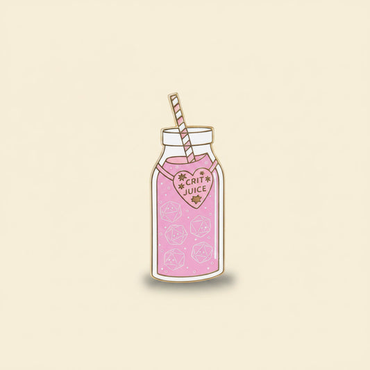 Crit Juice pin — pink milk bottle with white striped straw, heart-shaped 'CRIT JUICE' label, white d20 outlines floating in the pink juice. Hard enamel pin photographed on a wooden surface with pastel sparkly dice, rainbow bokeh background. Kawaii D&D pin.