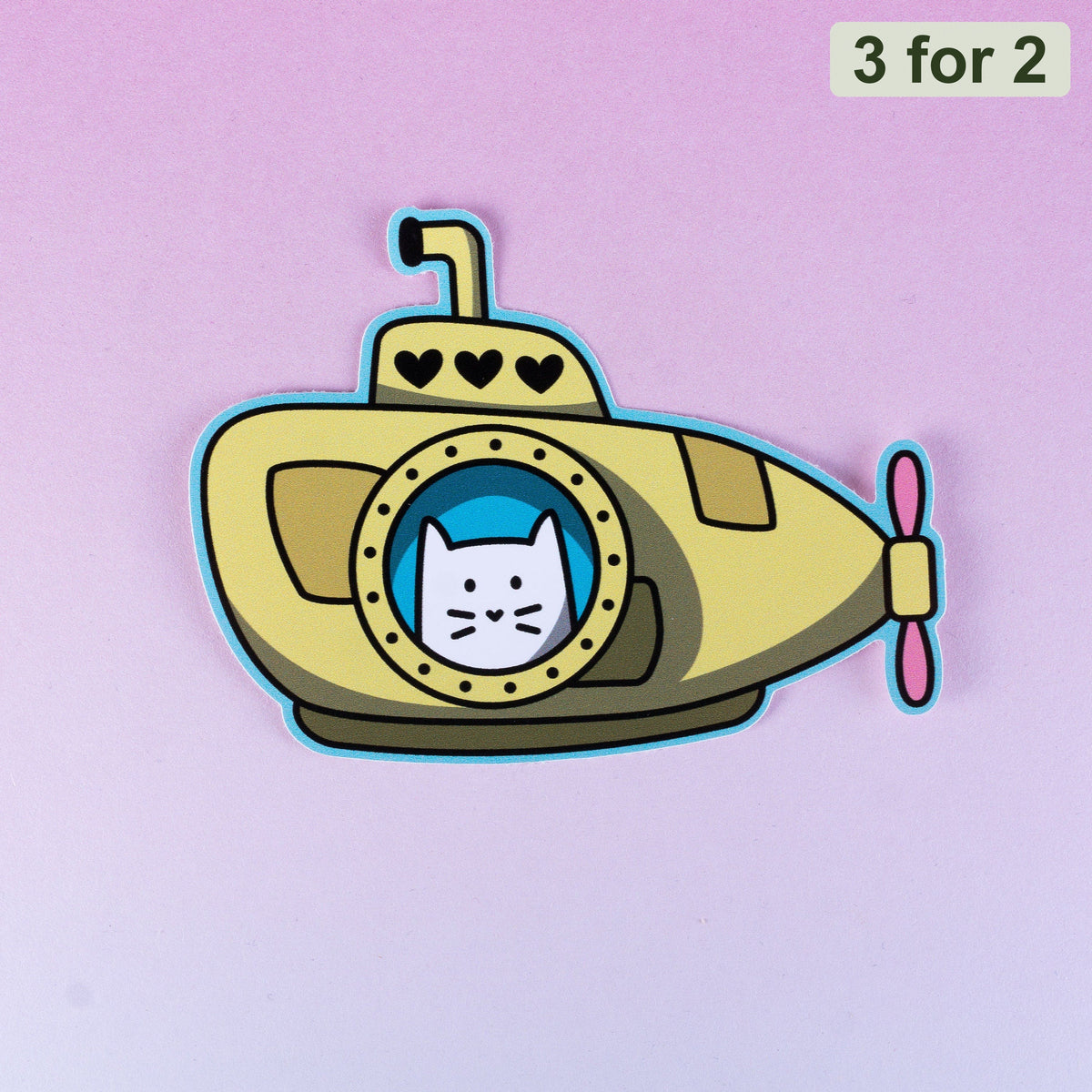 Cub Sub Sticker, Frank the cat in a yellow submarine, cat sticker