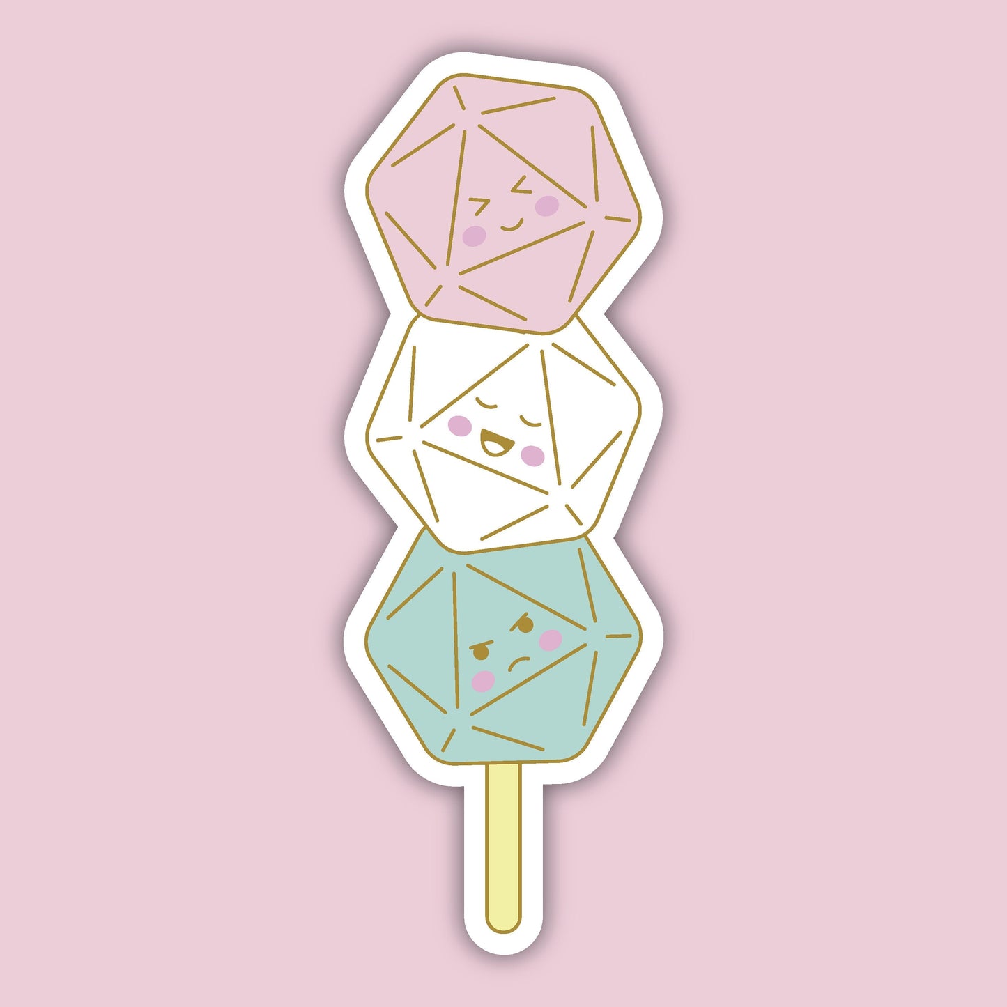 Dango Dice sticker — three pastel d20 dice on a wooden skewer like Japanese dango dumplings, kawaii D&D sticker