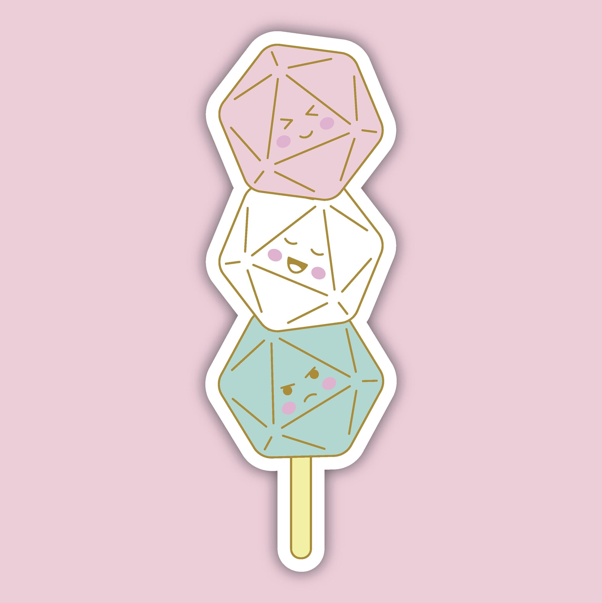 Dango Dice sticker — three pastel d20 dice on a wooden skewer like Japanese dango dumplings, kawaii D&D sticker