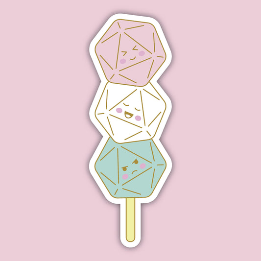 Dango Dice sticker — three pastel d20 dice on a wooden skewer like Japanese dango dumplings, kawaii D&D sticker
