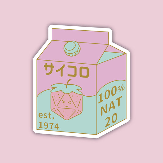 Dice Box sticker — pink and mint Japanese-style milk carton labeled サイコロ (saikoro / dice) and 100% NAT 20, with a kawaii strawberry-d20 character on the front, D&D sticker
