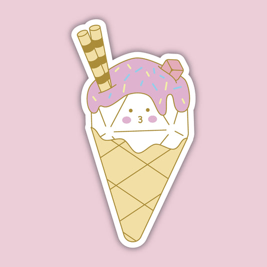 Dice Cream sticker — kawaii d20 served as a scoop of ice cream in a waffle cone with pink sprinkles and wafer sticks, D&D dice sticker