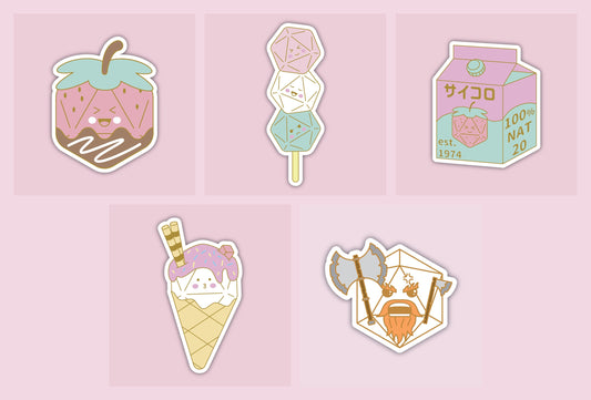 DnD Dice Sticker Pack — 5 cute kawaii dice vinyl stickers: Strawberry, Dango, Dice Box, Dice Cream, and Barbarian dice designs on pink background